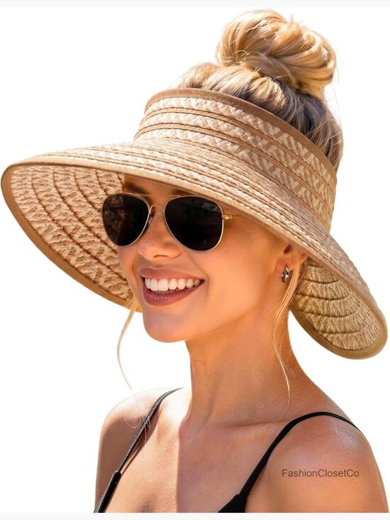 Straw Wide Brim Ponytail UPF 80+ Foldable Sun Hat Visor